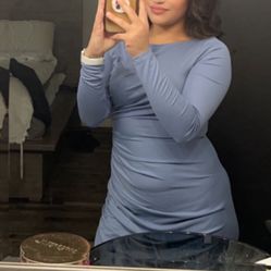 Ruched side asymmetrical & bodycon blue dress with sleeves