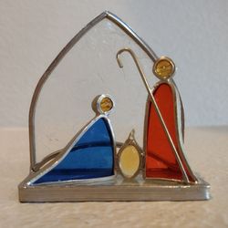 Vintage Stained Glass Nativity Christmas Tabletop Scene, 3 3/8" x 3 1/4"