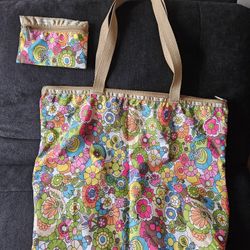 LeSportsac Bright Floral Tote Bag with Matching Pouch 