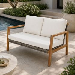 48" Outdoor Patio Acacia Wood & Wicker Loveseat / Sofa w/ Beige Cushions  <No Assembly Req>