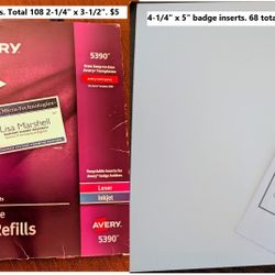 blank name badge insert cards 4.25" x 5"; Avery 5390 printable 2.25x3.5 cardstock refills