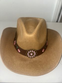 Khaki Cowboy Style Hat w/ Pink Flowers