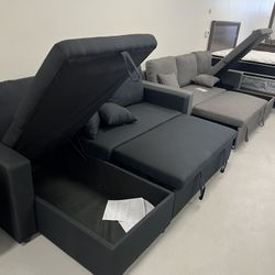 Brand New sectional sofa with chaise storage and pull out bed!  Gray and black available