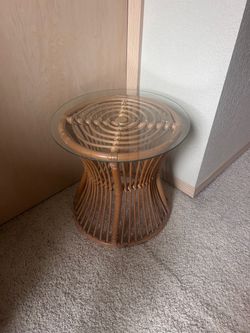 Vintage Rattan Glass Top Side Table / End Table