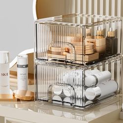 2 Pack Clear Stackable Cosmetic Organizer, Acrylic Drawer, Plastic Organizer for Dresser, Vanity, Kitchen Cabinet, Pantry, Home Organization and Stora