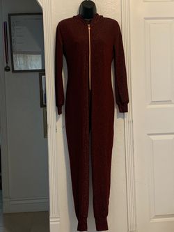 Burgundy Metallic Hooded Zip-Up Jumpsuit