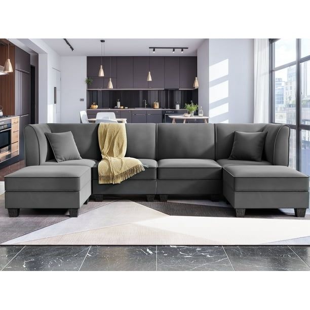 New Heavy Duty Reversible Sectional Sofa Set, Oversized U-Shaped Convertible Couch with Ottomans, Velvet L-Shaped Chaise Lounge Sofa Bed for Living Ro