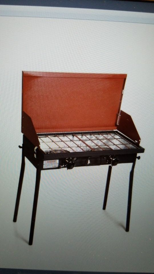 Camp chef weekender 2 burner stove with carrying bag and cast iron grill