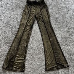 Metallic Gold Flare Pants High Waist Shiny Stretch Bell Bottom Disco Party Size M