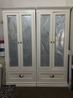 White Wardrobe Armoire with Glass Doors – Set of 2