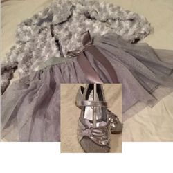 NWT 2T Grey Silver Skirt Fur Coat Shoes
