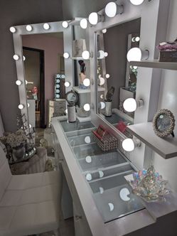 vanity with small shelves