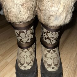 Coach Mariette Winter Snow Boot 8.5 A7185 Signature Canvas Suede Fur Trim