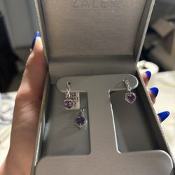 ZALES Purple Diamond Heart Earring/necklace Set