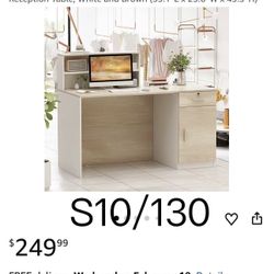 S10🔥 Modern Reception Desk Counter with Hutch, Lockable Drawer & 1 Door Cabinet, Office Wooden Computer Desk Reception Table, White and Brown (55.1”L