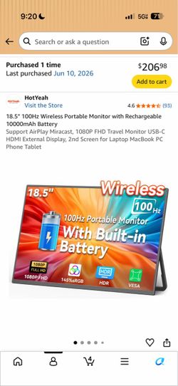 HotYeah 18.5" Wireless Portable Monitor 100Hz