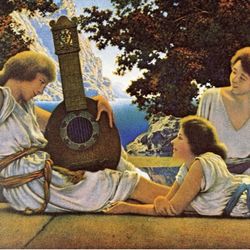 THE LUTE PLAYERS Original Vintage Print Poster Maxfield Parrish Art Deco Nouveau Fine Artist Antique Collectible Neoclassical Allegory Allegorical