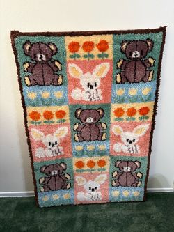 Vintage Handmade 1976 Design "Junior Babyland" Latch Hook Wall Hanging - Teddy Bears & Bunnies