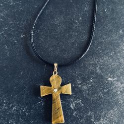 Stone Cross Pendant Choker Necklace -tiger Eye Stone Cross Charm Pendant Cord Hippie 