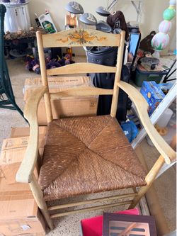 Vintage wooden arm accent chair with yellow Bow shabby chic farmhouse