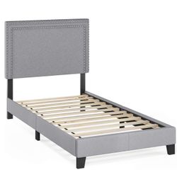 Twin size bed frame Furinno Laval Double Row Nail Head Upholstered Platform Bed Frame