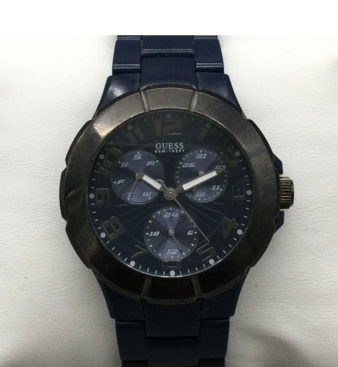 Guess Watch Men 40mm Silver Tone Blue Black Day Date New Battery 7.75"