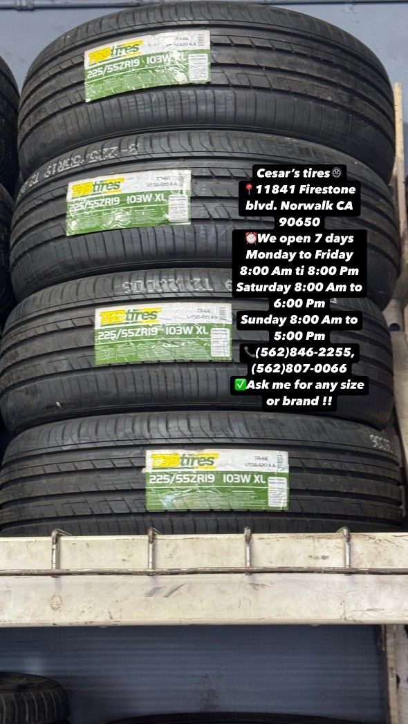 225/55R19 TBB  A SET OF FOUR NEW TIRES, INCLUDES MOUNTING AND BALANCING WITH WARRANTY, ASK  ME FOR ANY SIZE OR BRAND, WE HAVE THE BEST PRICES!!