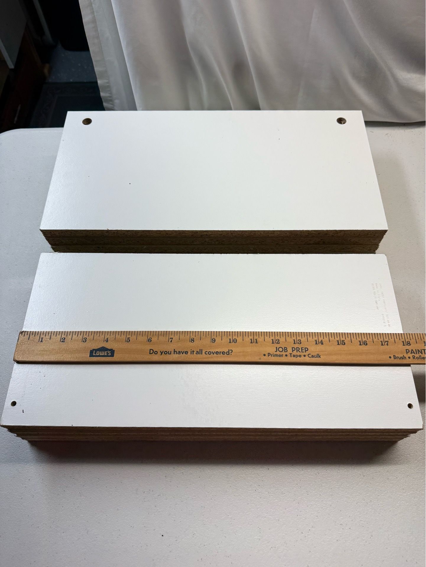 9 white shelving boards for garage 18”w x 8 1/2” d