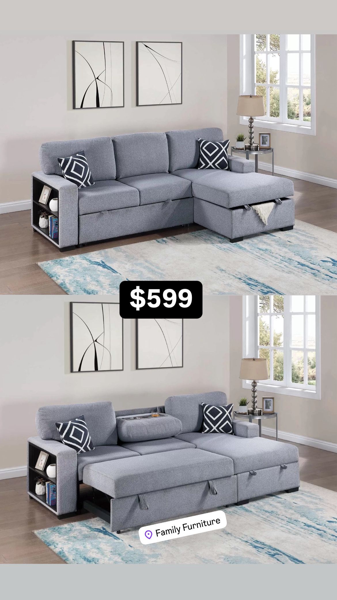 Small Grey Fabric Convertible Sectional Cup Holder Shelf On The Side