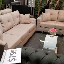 Brand New Biege Linen Sofa + Loveseat 2PCs Set