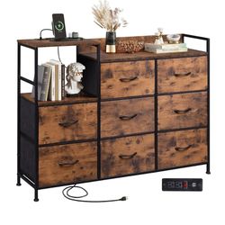 Dresser TV Stand for Bedroom with Charging Station, Wide Storage Chest of Drawers with 8 Large Fabric Drawers and Open Shelves, Storage Organize