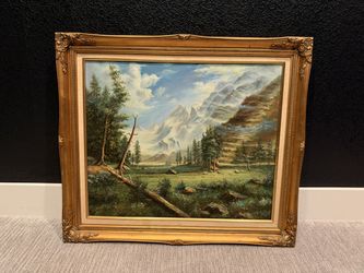 Mountain Landscape Oil Painting Ornate Gold Frame 29x25