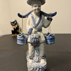 Bundle Chinese Vintage 1950s Traditional Blue White Porcelain Figurine Water Bearer