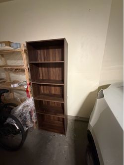 5-Shelf Narrow Bookcase – Walnut Brown | $45