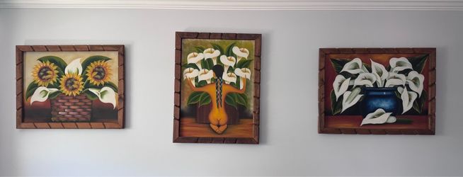 Set of 3 Framed Floral Oil Paintings / Frames