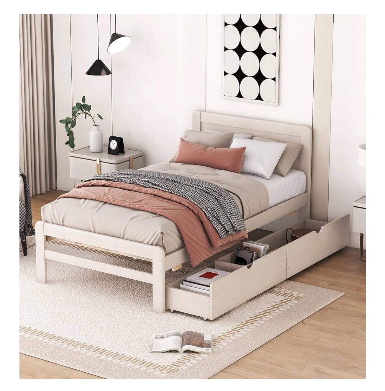 Twin Bed Frames with 2 Tiers Wood Storage Shelves Headboard, Twin Size Bed