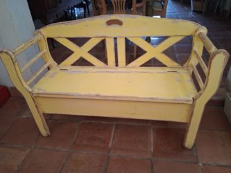 Vintage wooden bench, distressed, yellow
