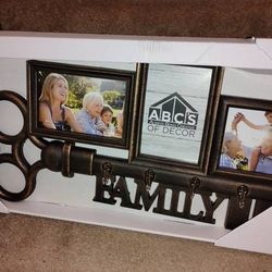 Family Picture Frame w/Hooks & Key! Holds three pictures! New! 