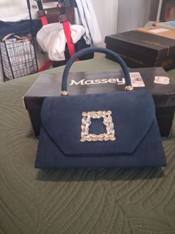 Navy Blue Suede Mini Handbag with Crystal Buckle