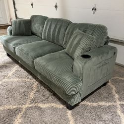 Modern Green Corduroy Sofa with Cupholder & USB Charging