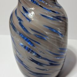 Hand Blown 12" Blue and Gray Swirl Art Glass Vase Sculptural Striped Home Decor

