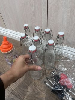 8 Glass Bottles For Sauces Or Syrups. With Funel And Pooring Beeks. Good For Oils, Flavored Syrups, Special Salsas Etc. Take All For Price Listed 