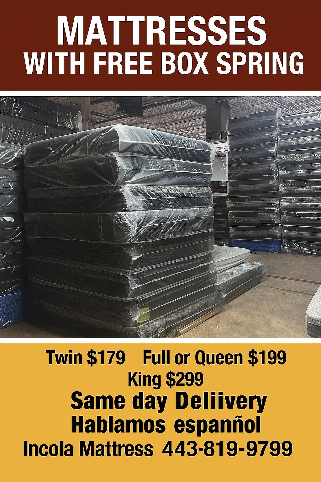 Queen Mattress Come With Free Box Spring - Same Day Delivery
