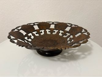 Vintage Metal Pedestal Bowl Pierced Floral Pattern