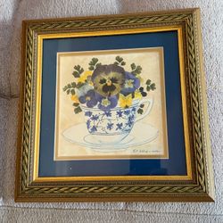 Charming Framed Pansy & Teacup Art – A. Wilson 2002 – Cottage Decor