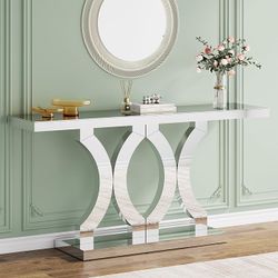 55 Inches Mirrored Console Table, Entryway Table with Geometric Base, Modern Sofa Table Behind Couch for Living Room, Accent Table for Hallway, Foyer,