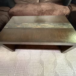 Solid Wood Coffee Table + Matching Side Table Stone Inlay Set 