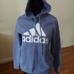 Size S Light Blue Adidas Hooded Hoodie Long-Sleeved Sweatshirt. Measures 18" Pit to Pit and 24" Long. Polyester Cotton Blend. So soft and cozy! No clo