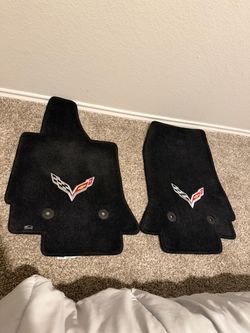 C7 Corvette Black Carpet Floor Mats Pair Crossed Flags Logo 2014-2019
