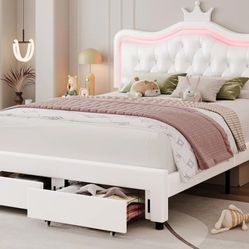 Keyluv Queen Upholstered LED Bed Frame with Storage Drawer, Leather Princess Platform Bed with Adjustable Crystal Button Tufted Crown Headboard, Solid